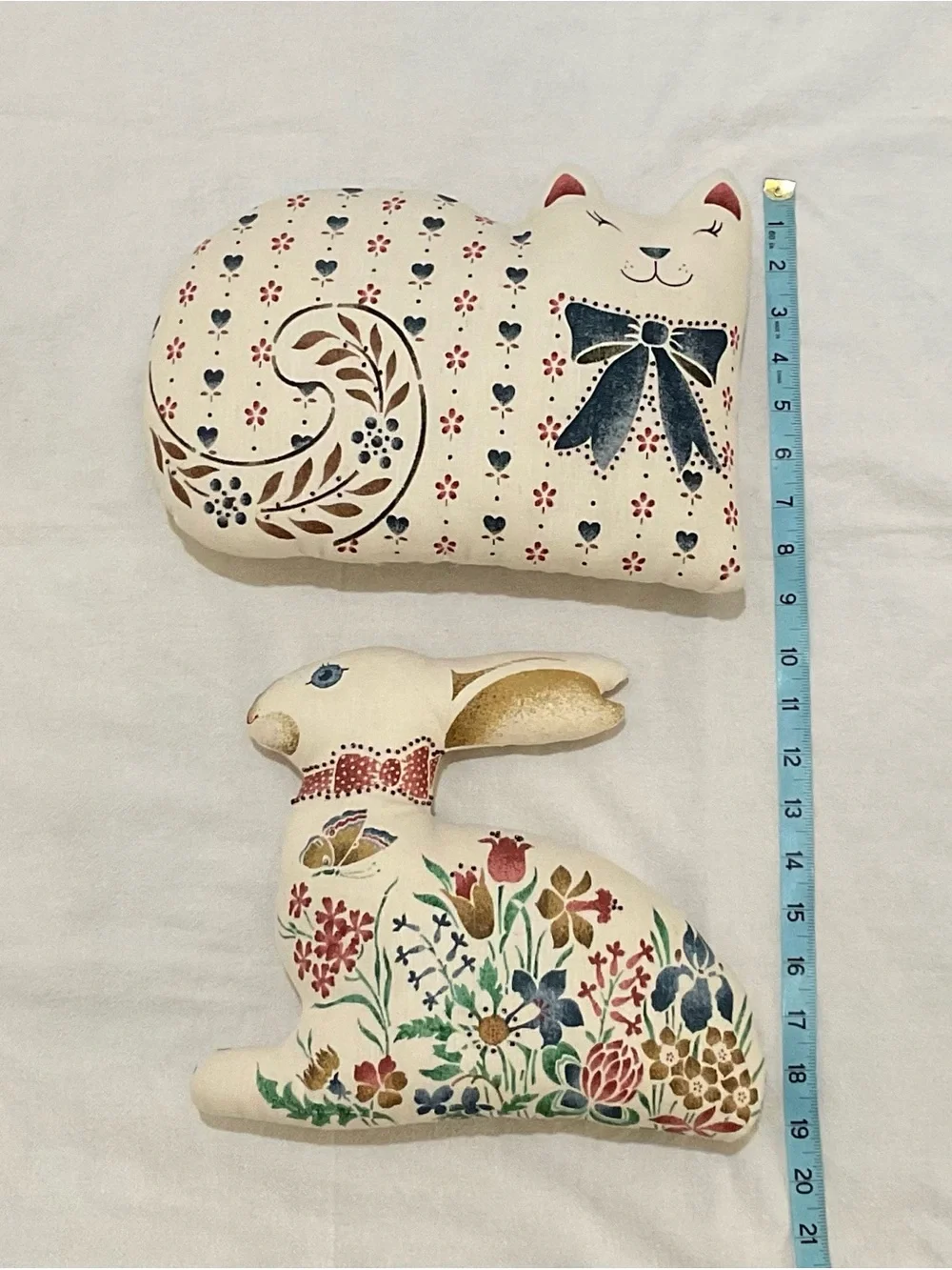 Folk Art Cat Rabbit Pillows Stuffed Bead Embellished Farmhouse Scandinavian Boho